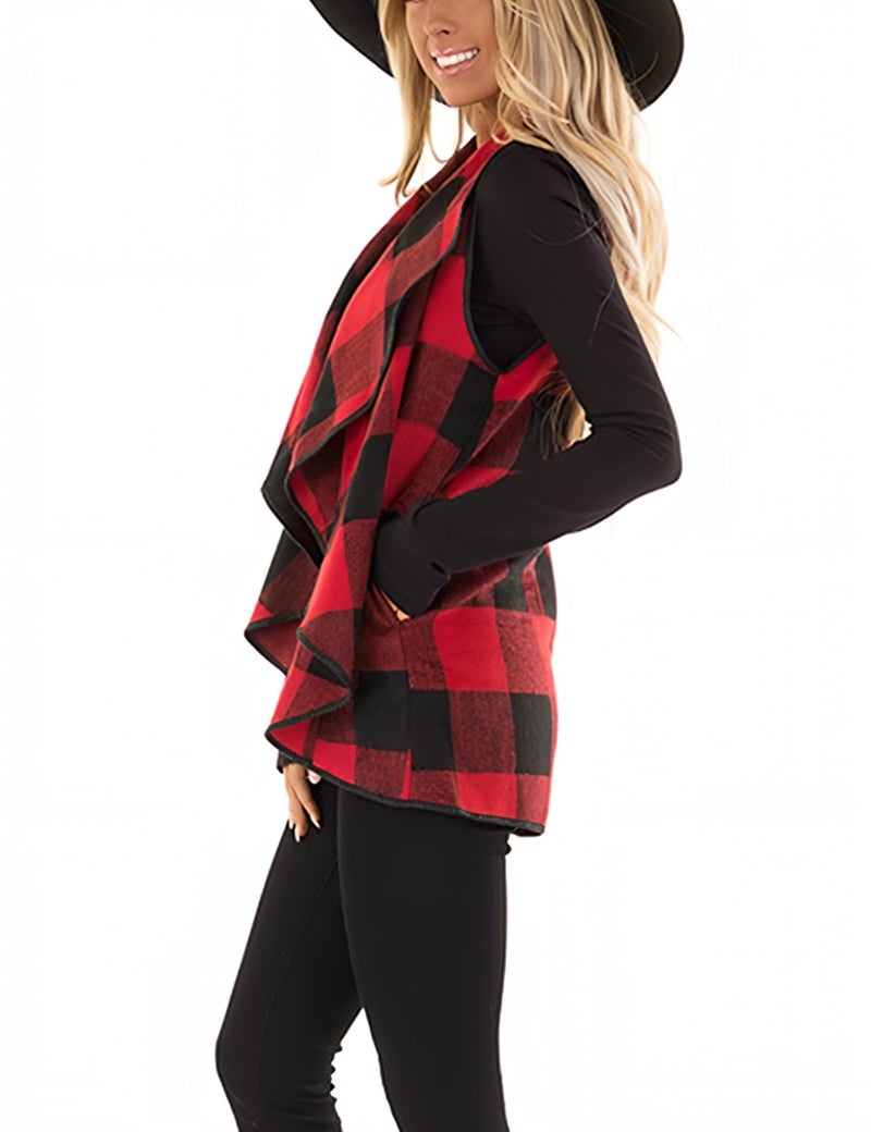 Unidear Womens Lapel Lightweight Sleeveless Open Front Plaid Vest Cardigan Coat with Pockets #2Red M - Image 3